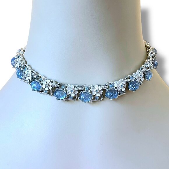 Vintage 1950s Choker Necklace Blue Rhinestone Confetti Lucite Floral Enamel READ - Picture 9 of 16